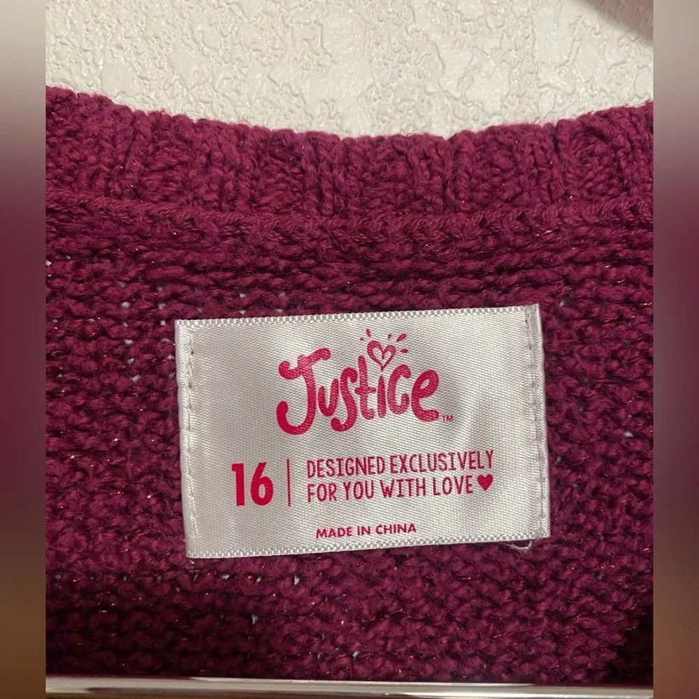 Justice Maroon Llama Sequin Sparkle Pom Pom Long Sleeve Sweater